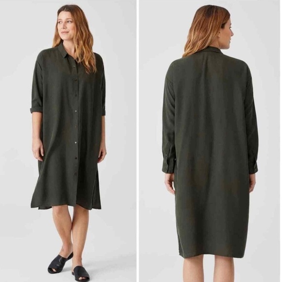 Eileen Fisher Washed Silk Habutai Shirtdress Seaweed Green Size XS - Picture 2 of 7